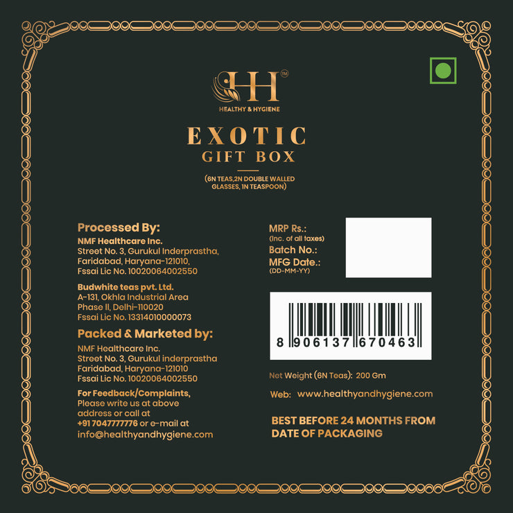 Exotic Gift Box (6 flavors of green and herbal tea's, double walled glasses and elegant tea spoon)