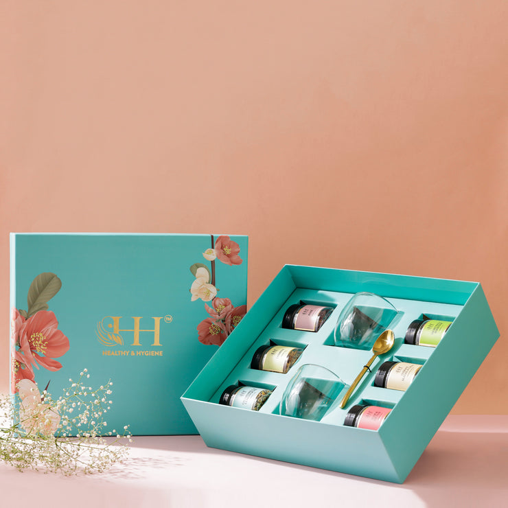 Exotic Gift Box (6 flavors of green and herbal tea's, double walled glasses and elegant tea spoon)