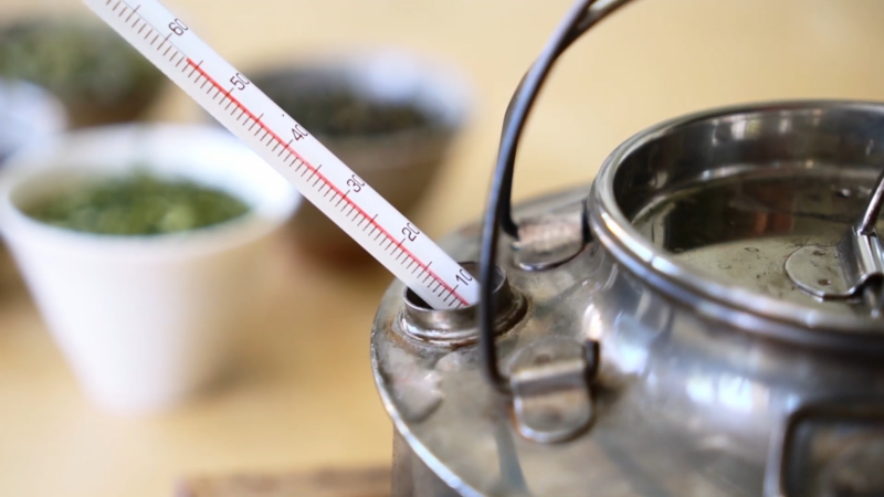 A Thermometer Is Placed in A Kettle to Measure the Water Temperature for Brewing Green Tea