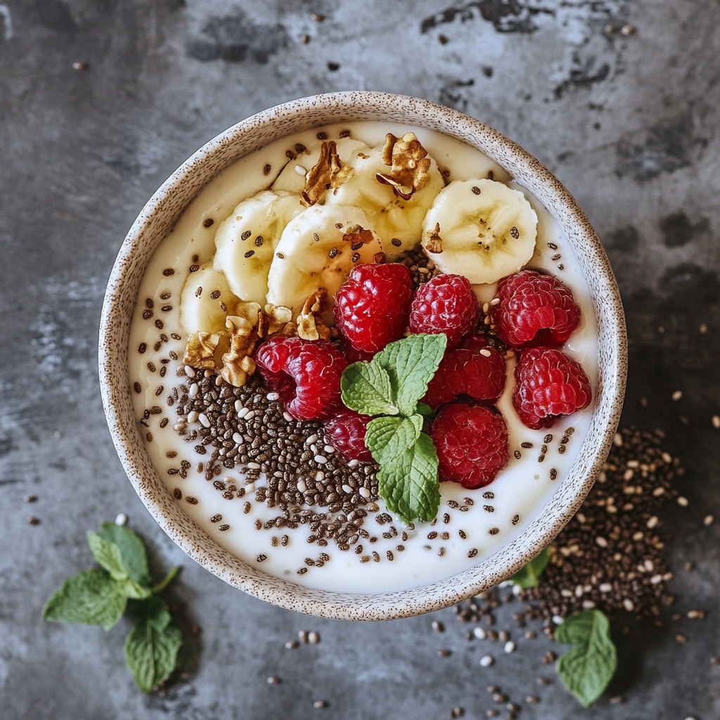 yogurt bowl topped with chia seeds, banana slices, raspberries, walnuts, and fresh mint leaves