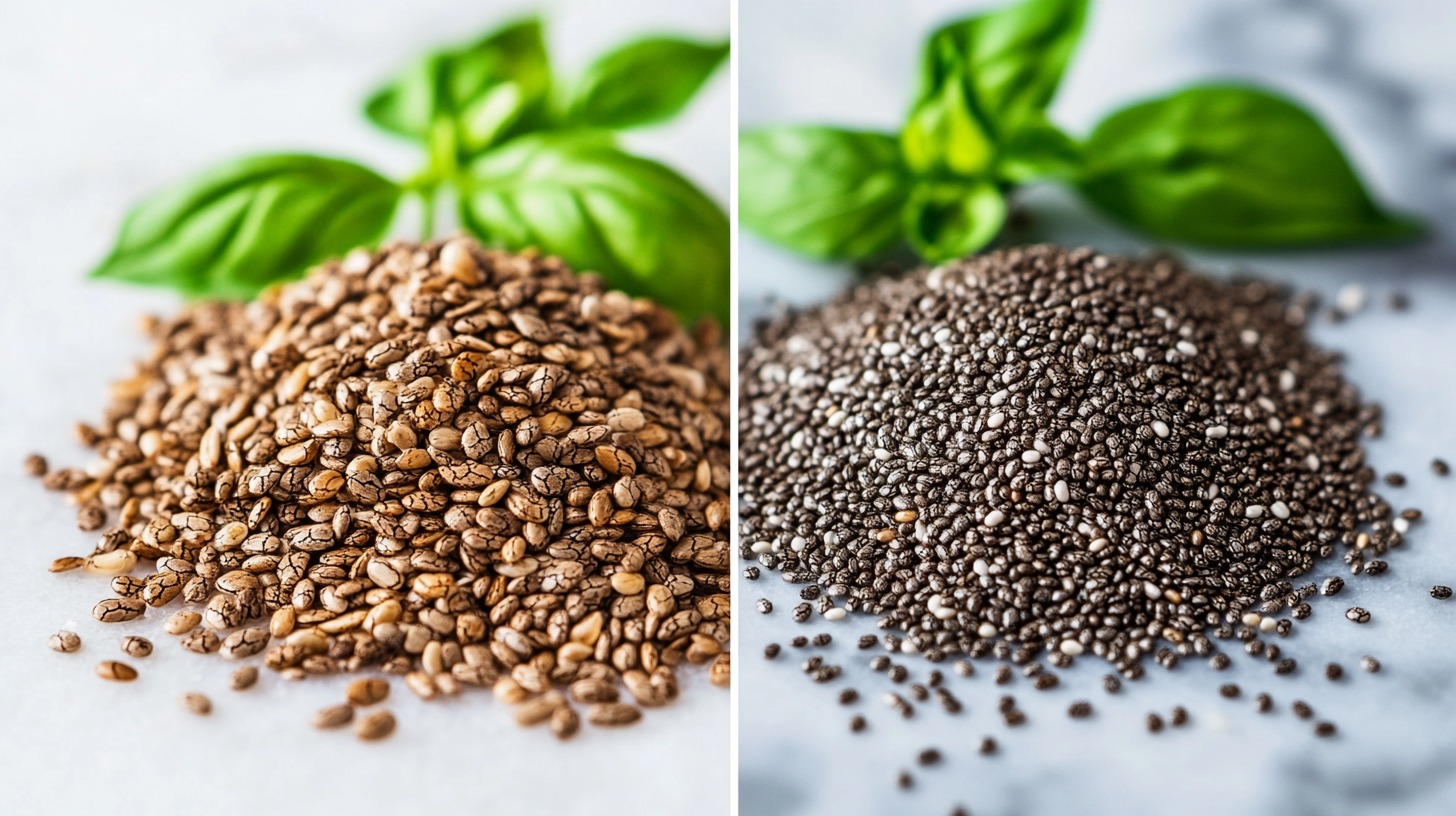 Side-by-side comparison of basil seeds (left) and chia seeds (right) with fresh basil leaves in the background