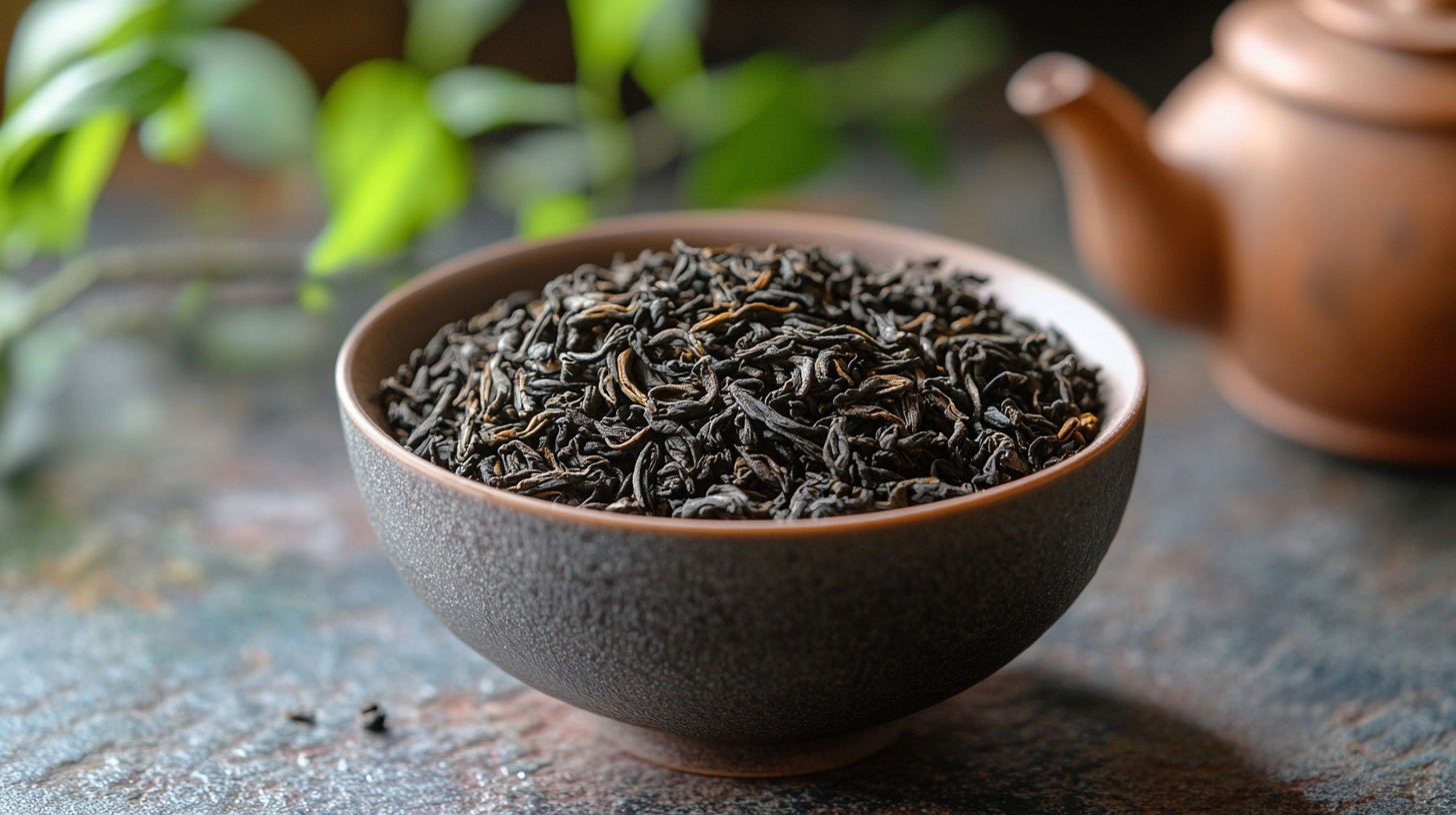 Bowl of Assam tea leaves with a teapot in the background, surrounded by greenery