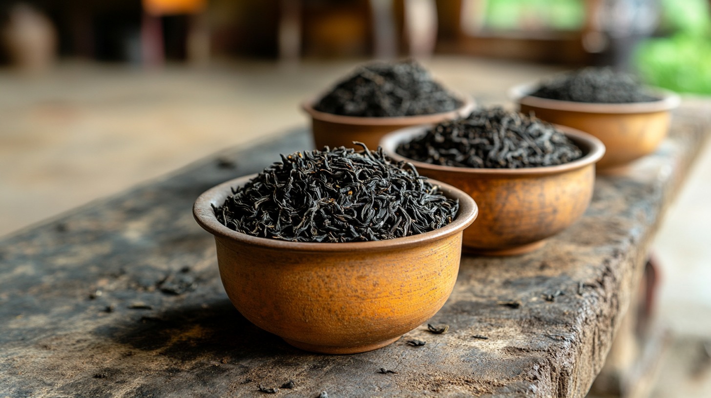 Bowls of Assam tea leaves on a rustic table, showcasing traditional craftsmanship