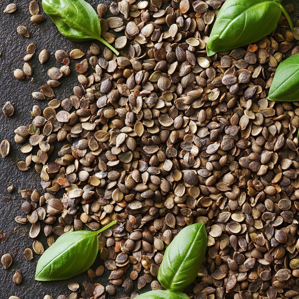 Close-up of basil seeds scattered on a surface with fresh basil leaves