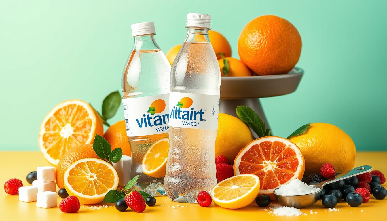 Two bottles of vitamin water surrounded by fresh citrus fruits, berries, and a scoop of powdered supplement, set against a pastel green background