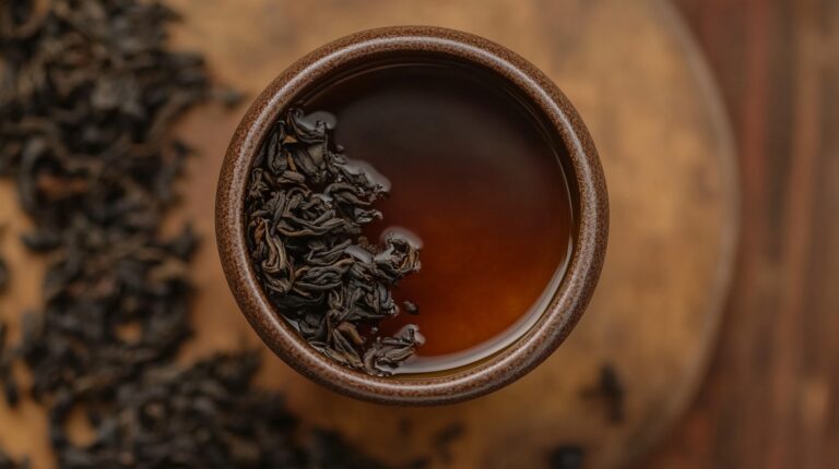 Close-up view of a cup of Assam tea with tea leaves floating, showcasing deep amber tones