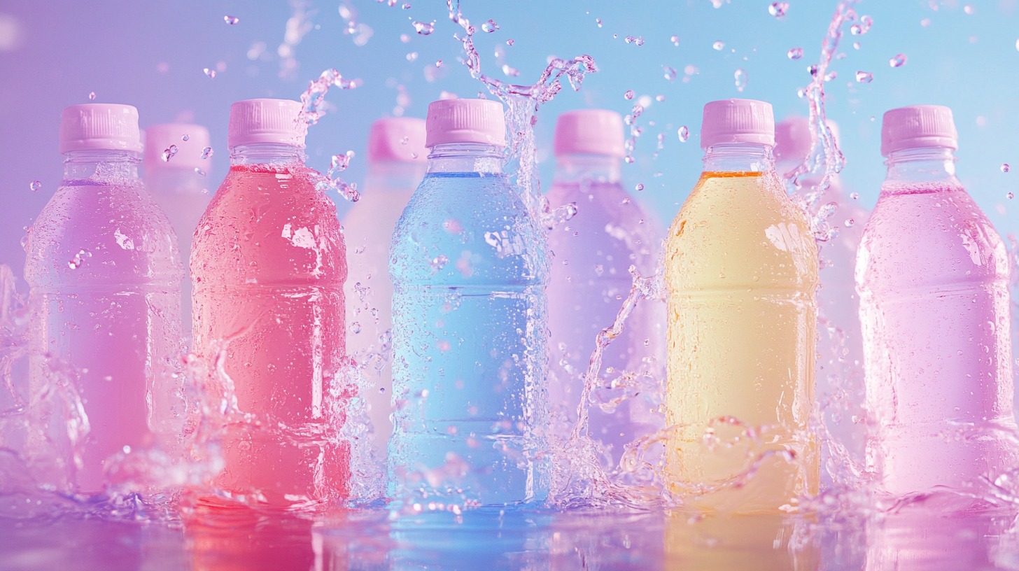 A collection of colorful vitamin water bottles splashed with water droplets, set against a pastel gradient background