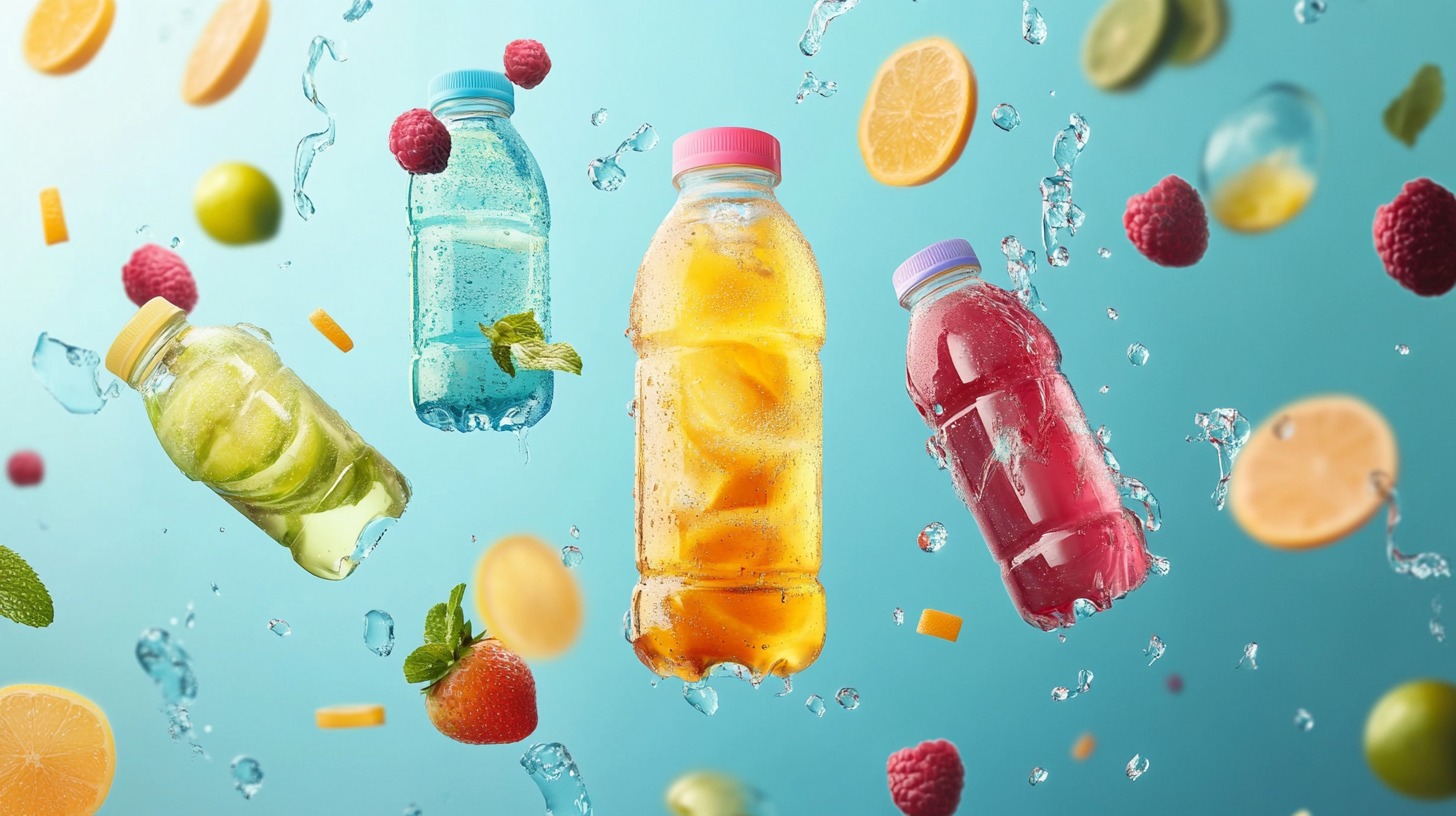 A vibrant image of four colorful vitamin water bottles floating in mid-air, surrounded by fresh fruits, splashes of water, and mint leaves against a bright blue background