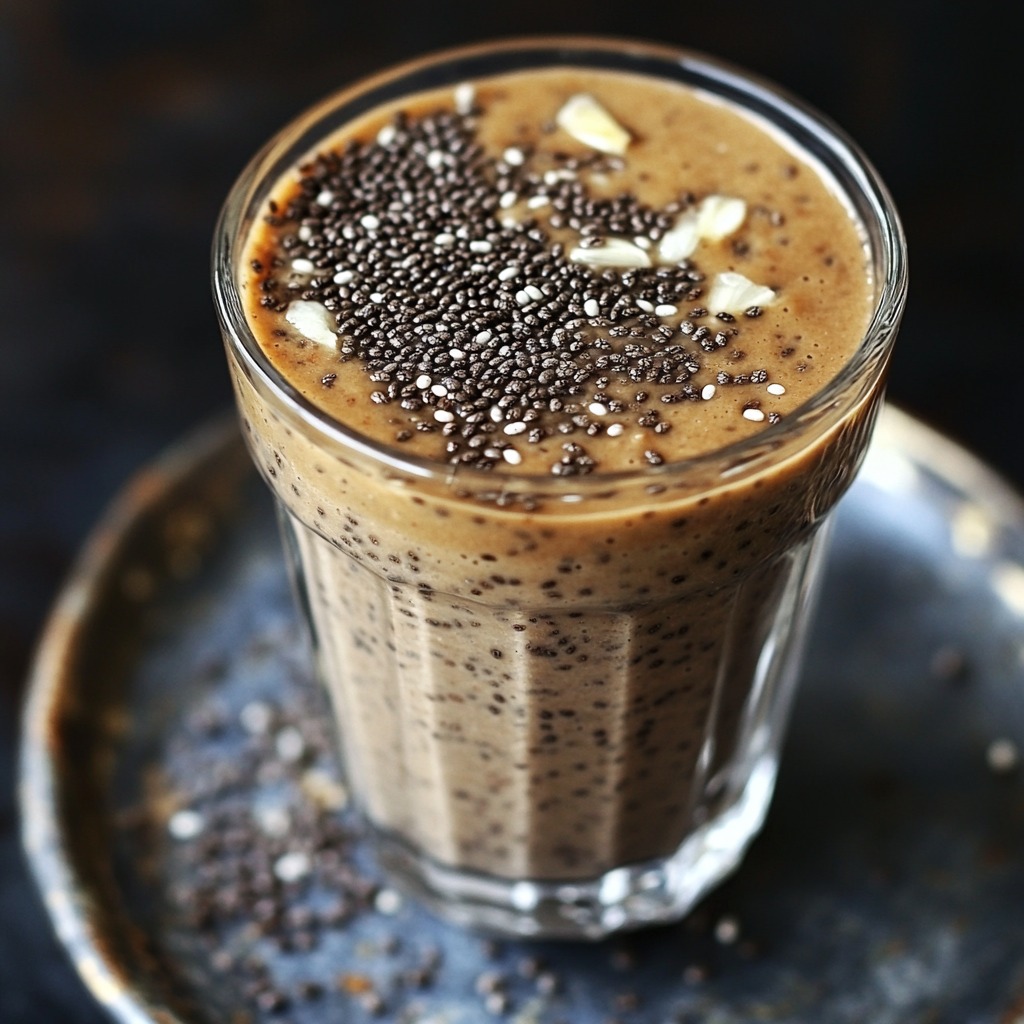 glass of smoothie topped with chia seeds and almond slivers on a dark background