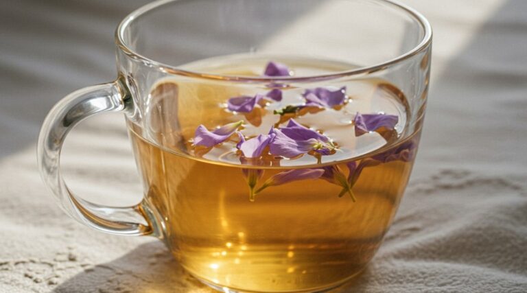 a glass of tea with dried purple flowers