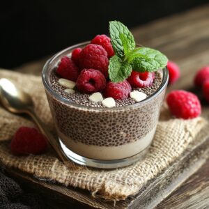 A glass of layered chia pudding garnished with fresh raspberries, white chocolate chips, and a sprig of mint, placed on a rustic wooden surface