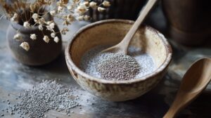 A rustic bowl filled with chia seeds and milk, accompanied by a wooden spoon, surrounded by scattered seeds and dried flowers