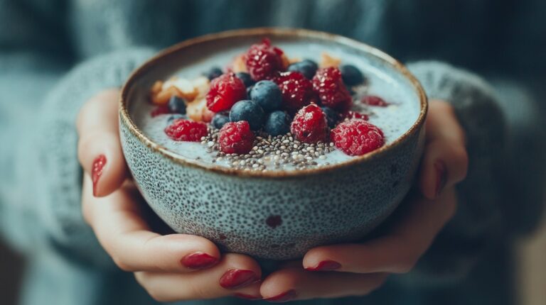 A close-up of hands holding a ceramic bowl filled with chia pudding, garnished with raspberries, blueberries, and chia seeds