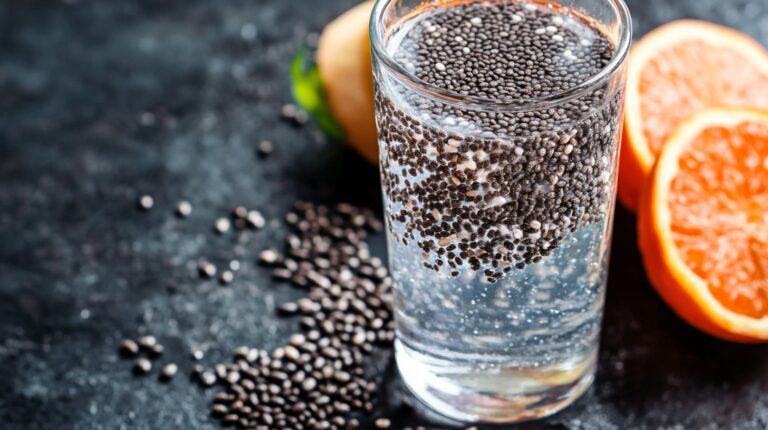 A glass of water infused with chia seeds, surrounded by scattered seeds and orange slices on a dark background