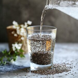 A glass being filled with water, containing chia seeds starting to hydrate, with scattered seeds around the glass