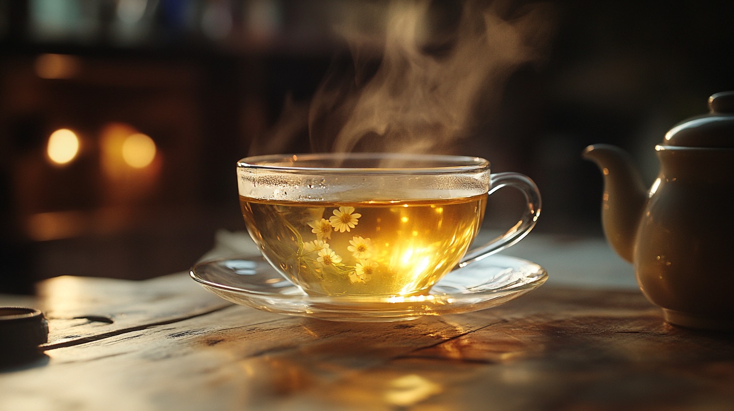 A steaming glass cup of chamomile tea on a rustic wooden table, with a teapot in the background