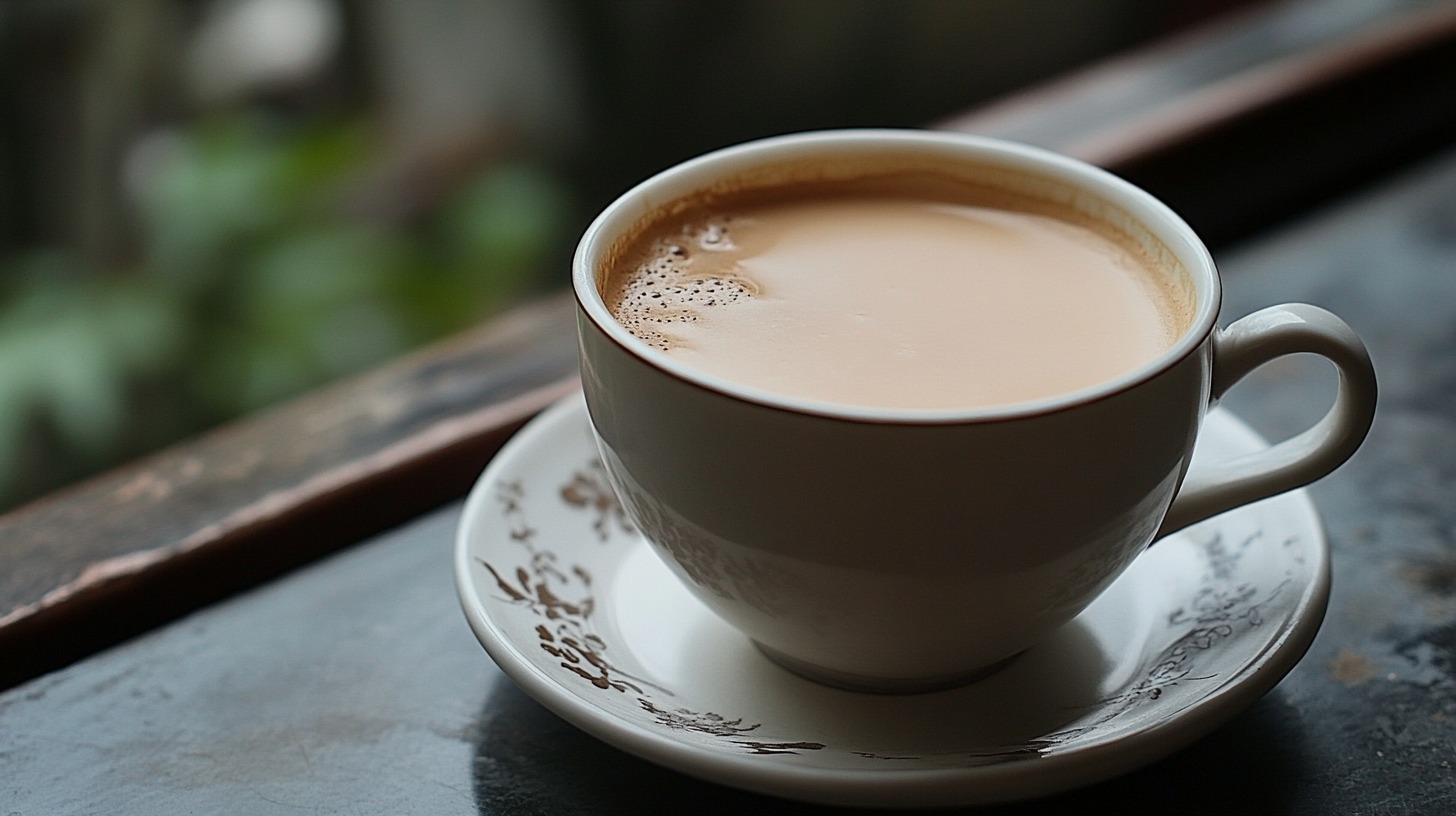  A white teacup filled with chai, placed on a matching saucer with floral patterns, set on a rustic surface near a window