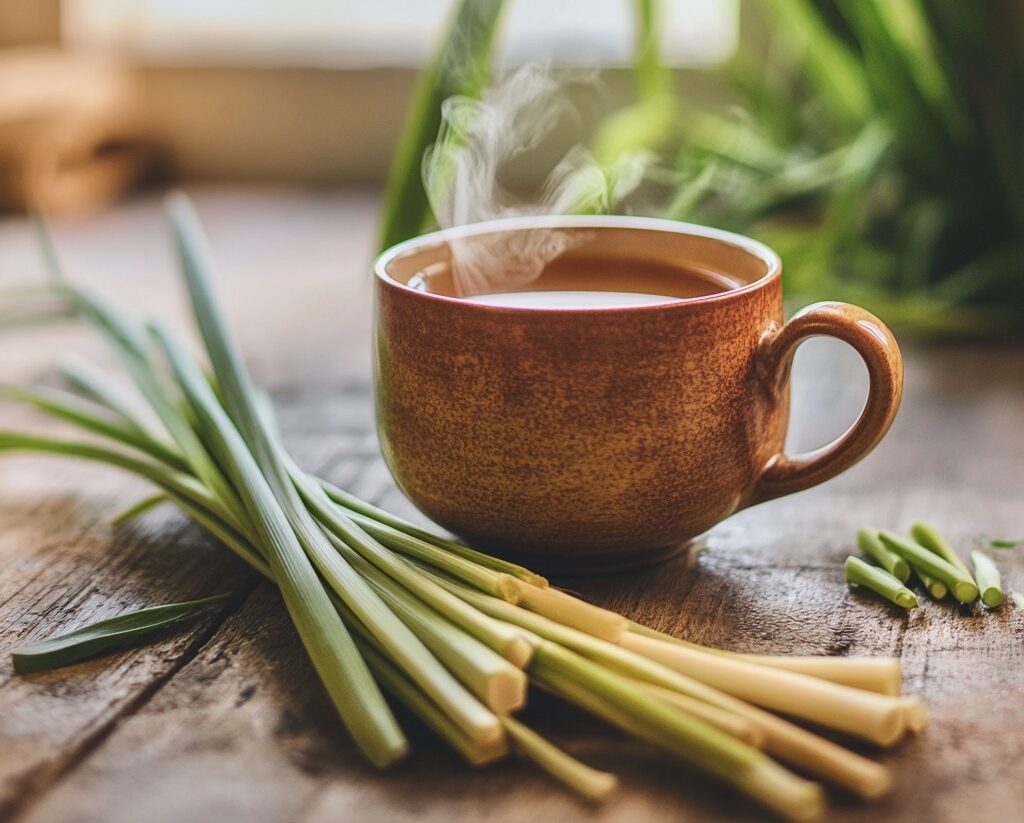 A cup of lemongrass tea sits on a table surrounded by plants