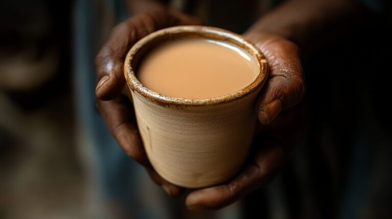 Hands holding a rustic clay cup filled with masala chai, showcasing its creamy texture