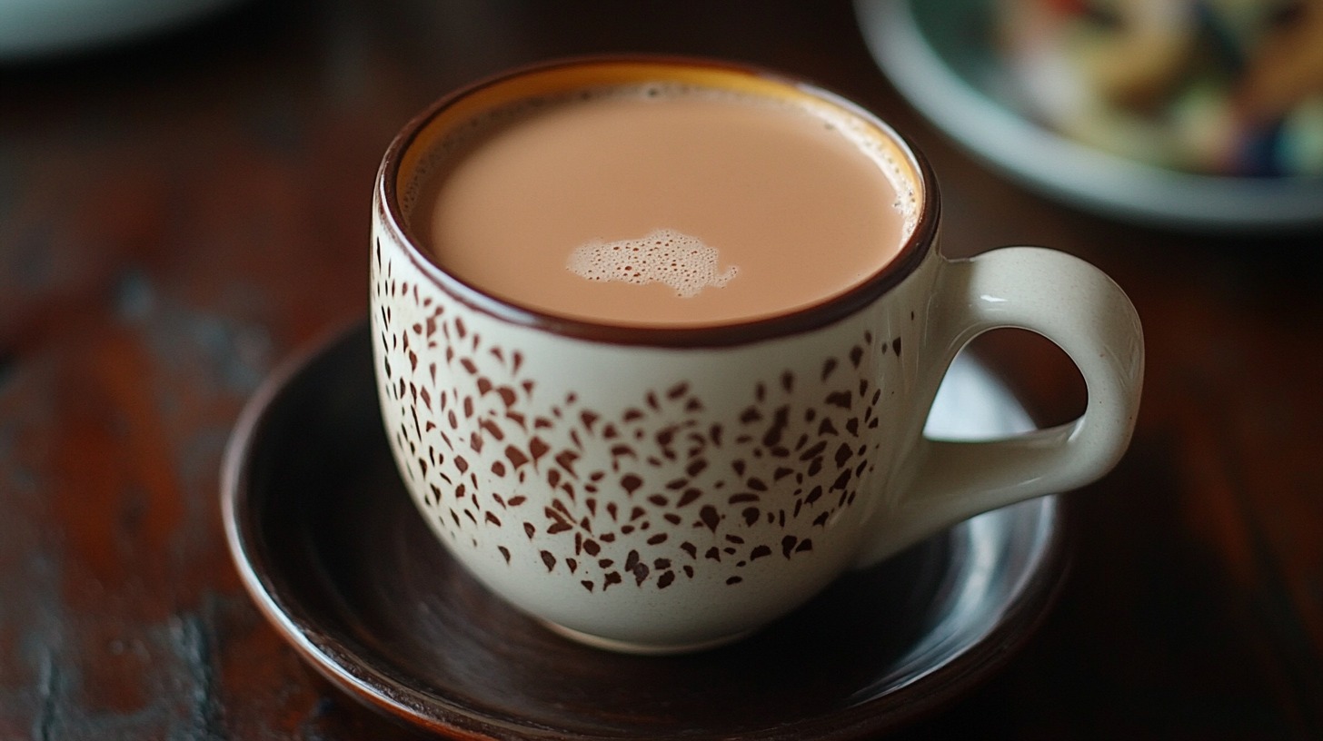  A ceramic cup filled with masala chai, featuring a light foam layer, placed on a matching saucer