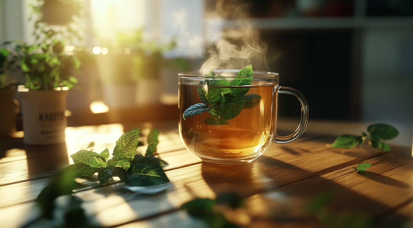 A glass cup filled with hot peppermint tea with fresh mint leaves floating on top