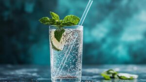 A tall glass of chia seed water garnished with fresh mint leaves and a lime wedge, featuring a straw against a teal background