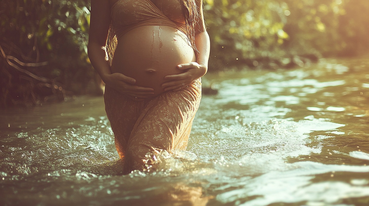 A pregnant woman standing in a serene river, hands gently resting on her belly, surrounded by natural sunlight