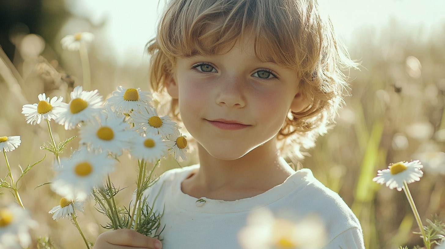 A young child holding chamomile flowers in a serene field, bathed in warm sunlight