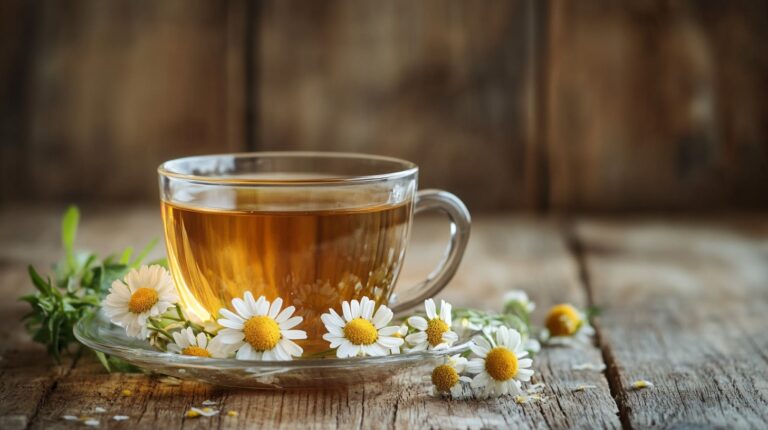 A glass cup of chamomile tea on a rustic wooden table surrounded by fresh chamomile flowers