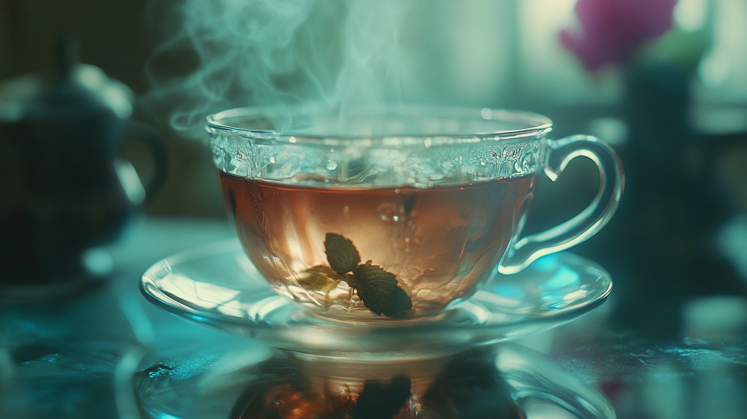 A steaming cup of peppermint tea in a transparent glass mug