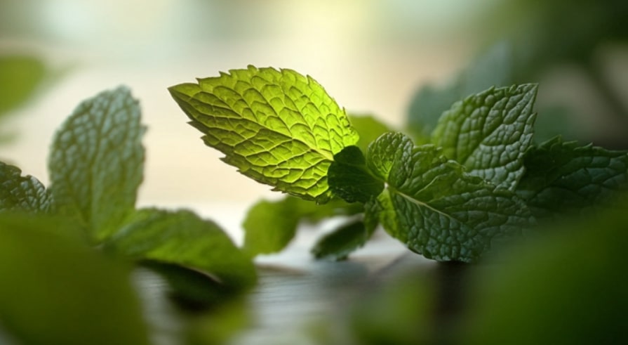 A close-up of vibrant green peppermint leaves on a wooden surface