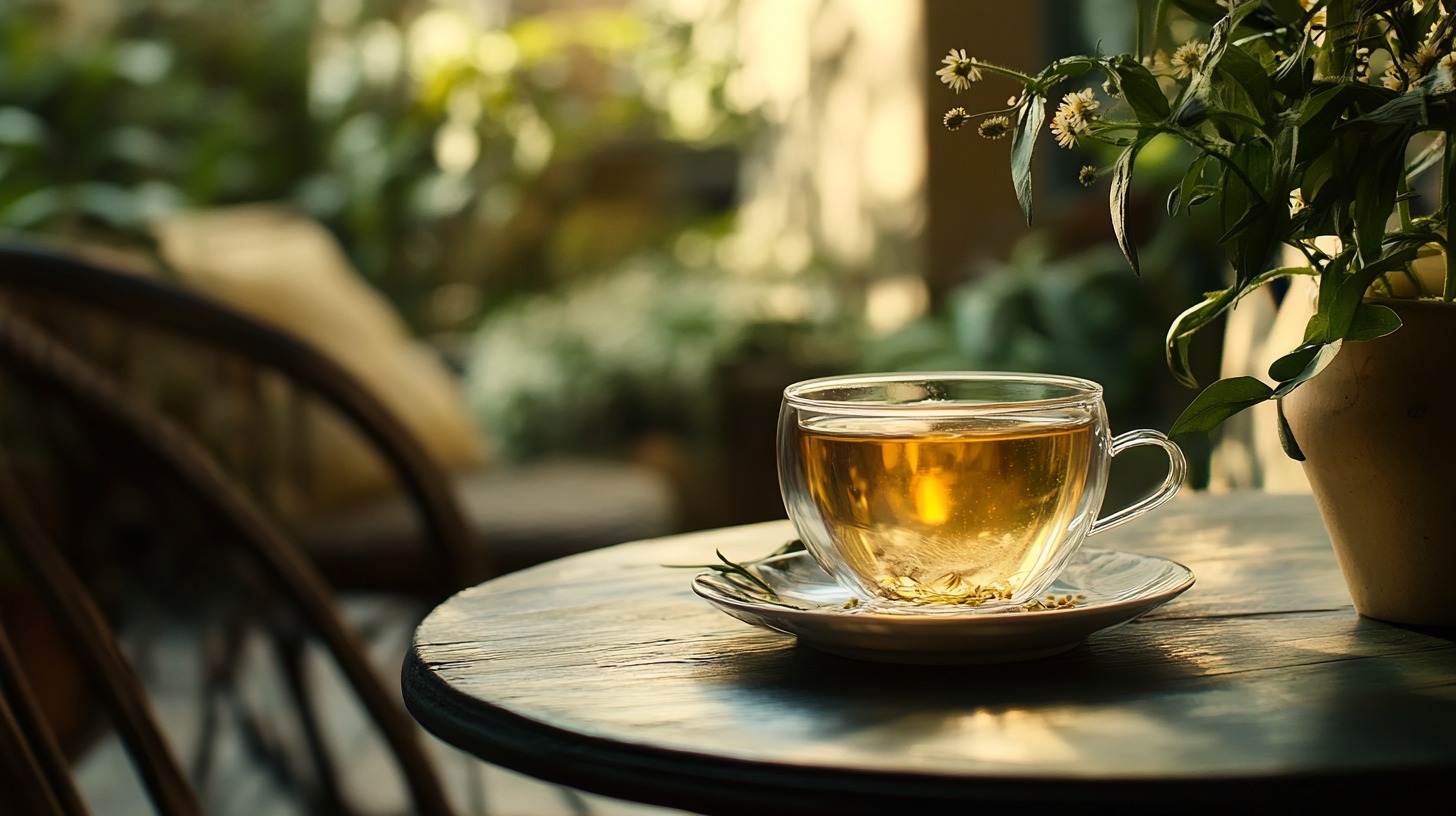 A glass cup of chamomile tea on a rustic wooden table, surrounded by soft natural light and green plants