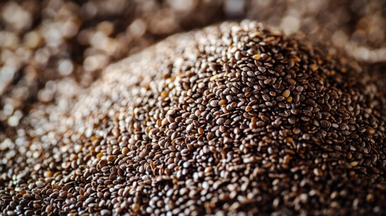 A close-up view of a heap of flaxseeds, showcasing their rich brown color and smooth texture