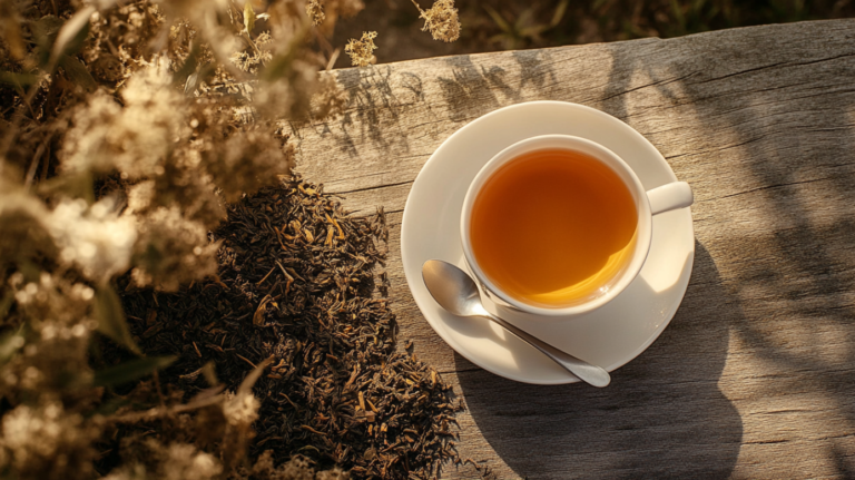 A Cup of Tea on A Saucer with A Spoon, Surrounded by Loose Tea Leaves, on A Wooden Surface, Highlighting "Teas for Boosting Your Immune System"