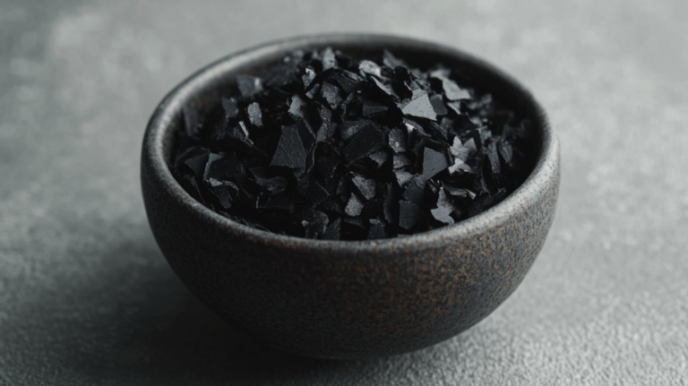 A Close-Up of Black Shilajit Resin Flakes in A Small Bowl, Illustrating the Best Time to Take Shilajit Based on Your Lifestyle