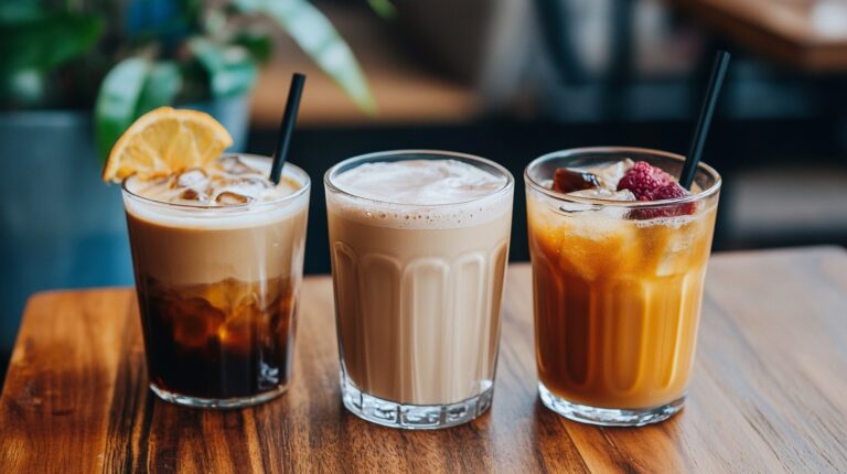 Three glasses of iced caffeine-free drinks on a wooden table, garnished with lemon, raspberries, and creamy froth
