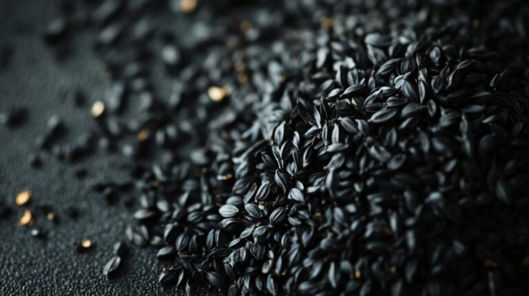 Close-up of black basil seeds scattered on a dark surface