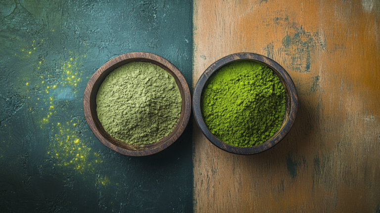 A Top View of Two Wooden Bowls with Moringa Powder on The Left and Matcha Powder on The Right, Comparing Moringa vs. Matcha