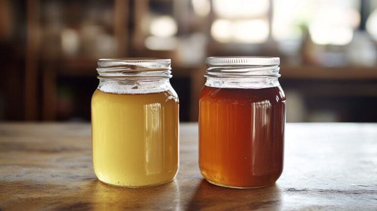 Two jars of honey on a wooden table, one light golden and the other dark amber