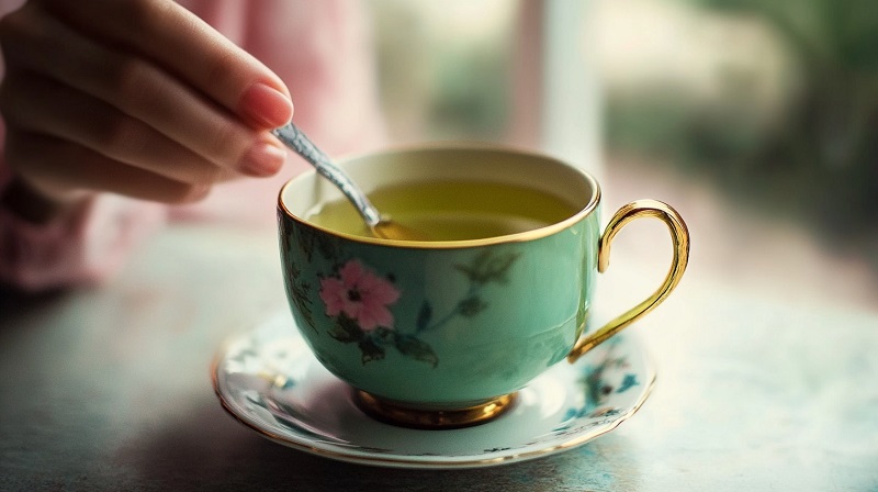 A delicate floral teacup filled with warm green tea being stirred with a silver spoon