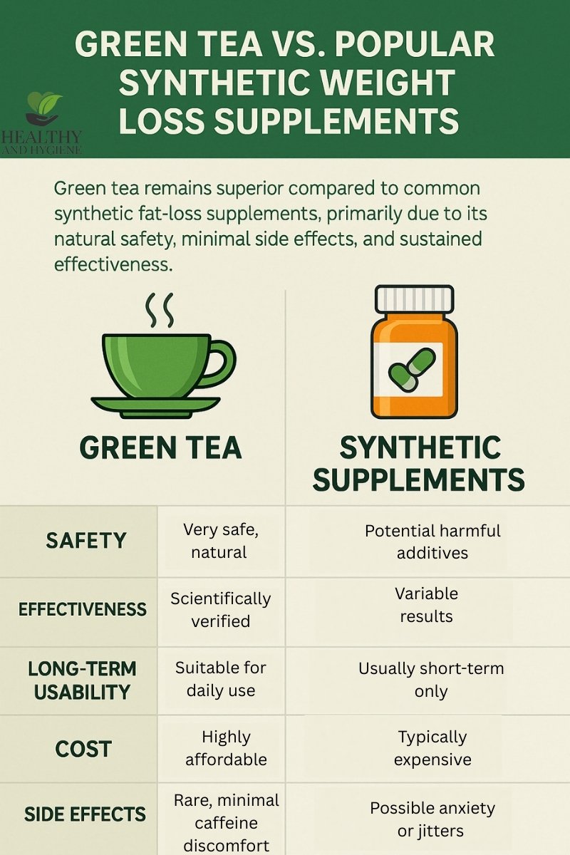 Infographic comparing green tea and synthetic weight loss supplements across five factors: safety, effectiveness, long-term usability, cost, and side effects
