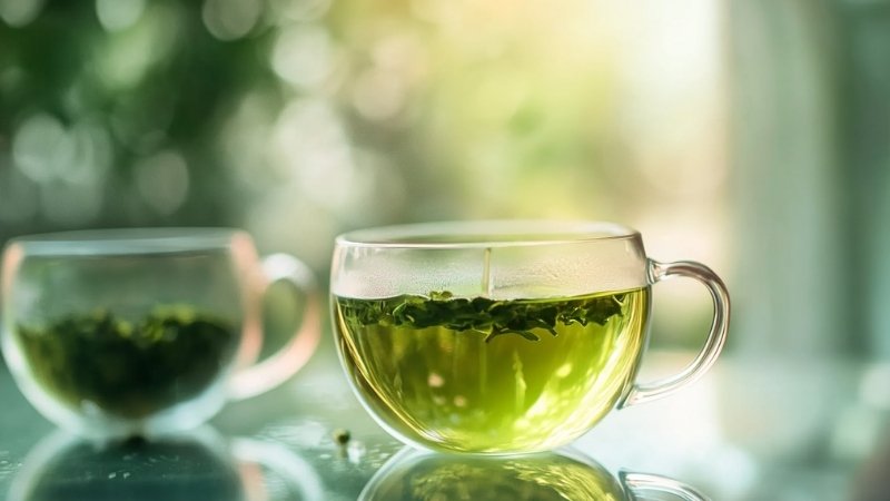 Two transparent glass cups filled with green tea steeping in natural sunlight
