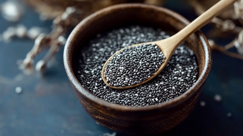 Chia seeds in a ceramic bowl with a wooden spoon scooping some