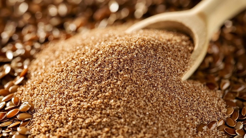 Ground flax seeds in a pile with a wooden spoon
