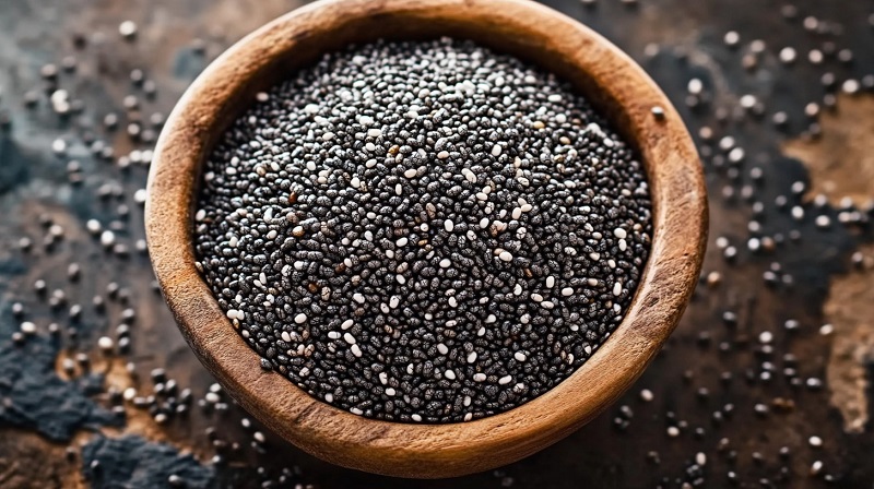 Whole chia seeds in a wooden bowl