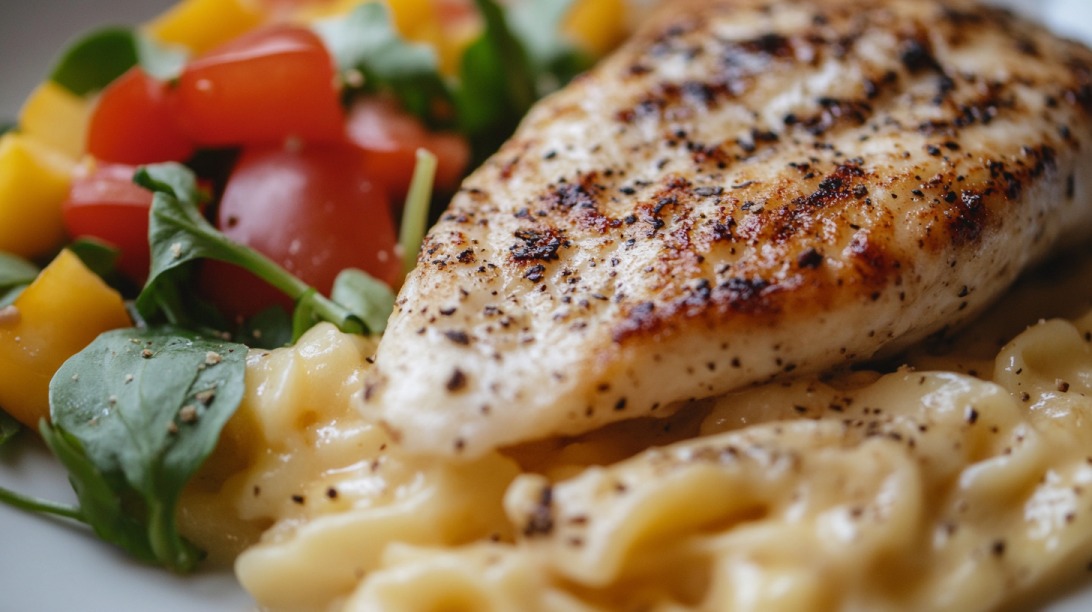 Close-up of a grilled chicken breast served with creamy pasta and a colorful salad