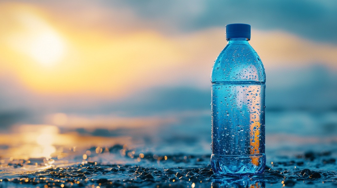 A bottle of water standing on a wet surface during sunrise or sunset, with droplets covering it