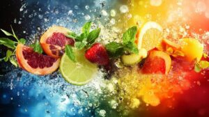 A colorful splash of assorted fruits including lime, grapefruit, strawberries, oranges, and mint leaves with water droplets