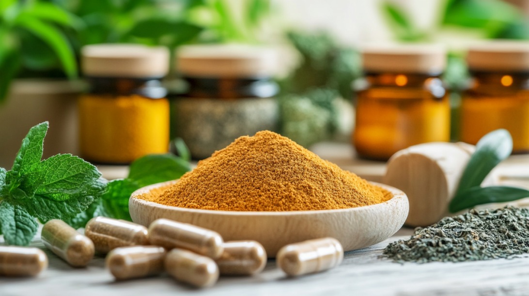 A bowl of turmeric powder surrounded by herbal capsules, dried leaves, and amber jars on a natural wooden table