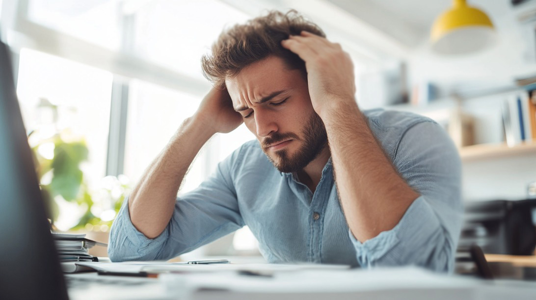 A stressed man at a desk with his hands on his head, appearing overwhelmed and fatigued in an office setting